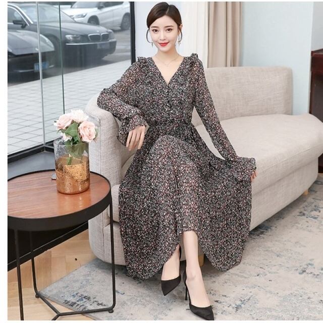カシュクールワンピース 大きいサイズ 小花柄シフォンワンピース
