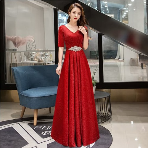 ドレス パーティードレス ロング丈 Vネック 5分袖 レディース 大人可愛い フォーマル きれいめ 結婚式 二次会 お呼ばれ 謝恩会 hin-1032