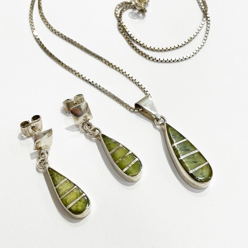 Vintage 950 Silver Speckled Nephrite Pendant Necklace & Pirced Earrings Made In Mexico