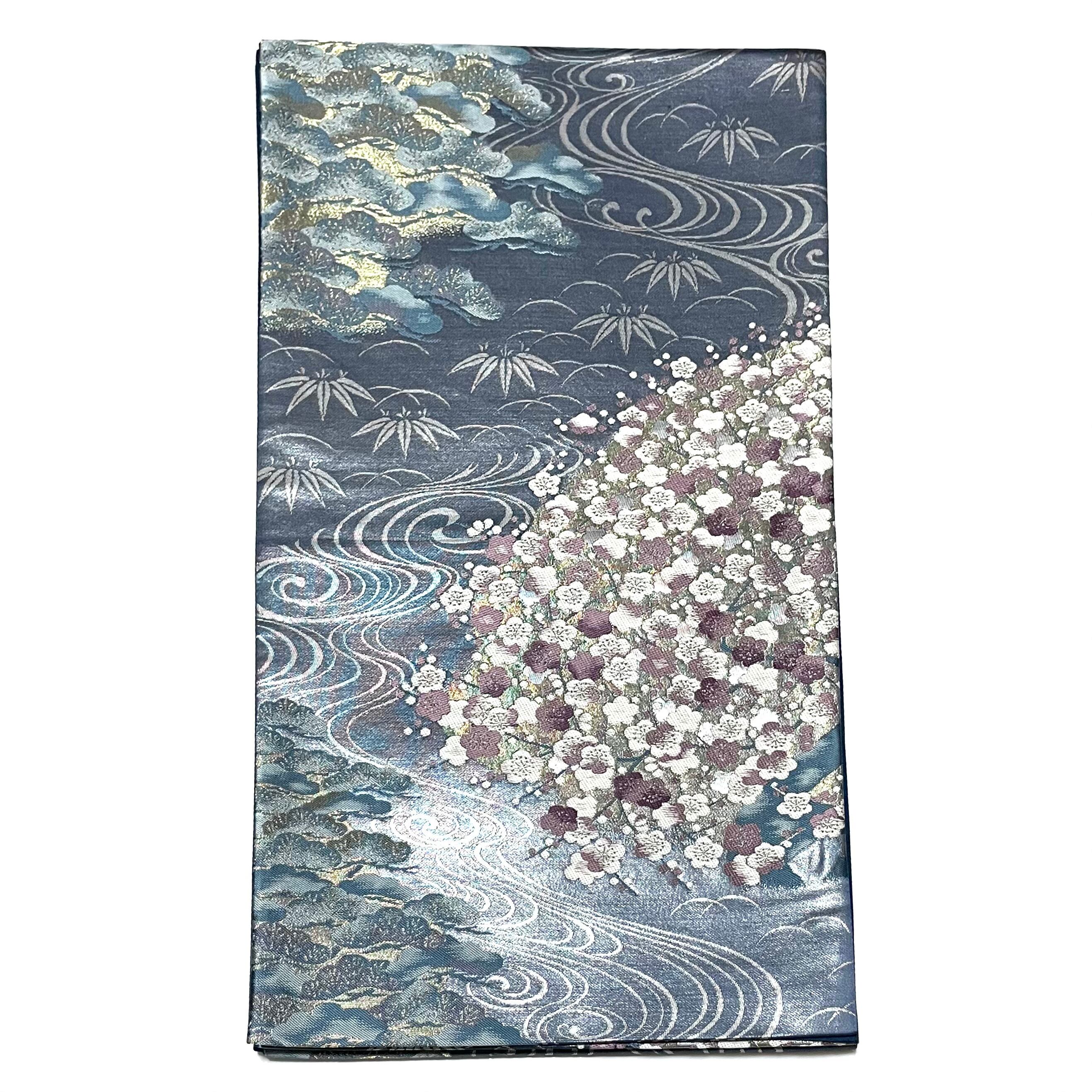 袋帯 竹垣に四季の花模様 船 金糸 藍砥茶色 演じ O-4140 