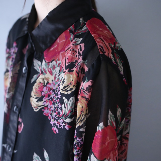 "sheer×satin" switching design beautiful flower pattern over silhouette see-through shirt