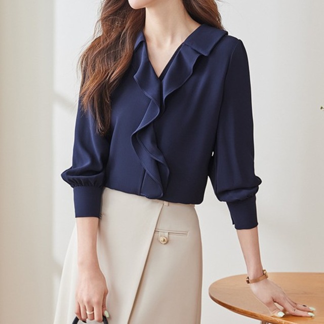 V neck elegant ruffle stitch chiffon shirt ( 2color )