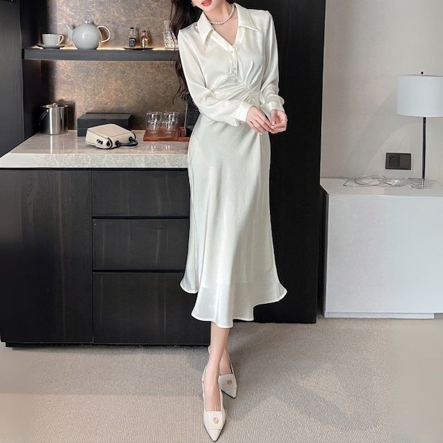 Polo collar elegant waist pleats mermaid shirt dress