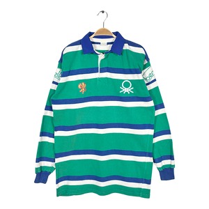 90s ベネトン イタリア製 ヴィンテージ ラガーシャツ 青緑白 ボーダー BENETTON サイズXL CA1583