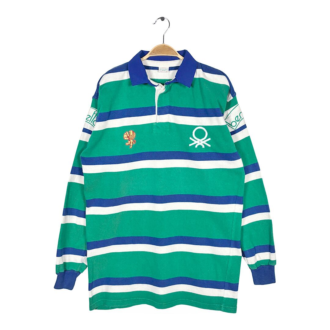 90s ベネトン イタリア製 ヴィンテージ ラガーシャツ 青緑白 ボーダー BENETTON サイズXL CA1583