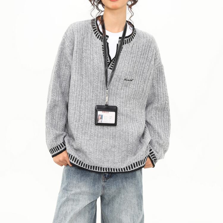 長袖 ニットポロシャツ オーバーサイズ オープンカラー ◆2col L00087