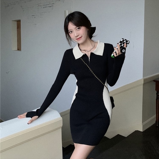 バイカラー ニット ワンピース 襟付き ハーフジップ ミニ丈 長袖 リブニット ニットワンピース レディース 取寄 発送目安14 21日営業日 Laff Store 会社情報 納期の確認をお願いします