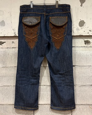 【Caka otto】 Leather × Studs × Embroidery Vintage Loose Baggy Denim Pants