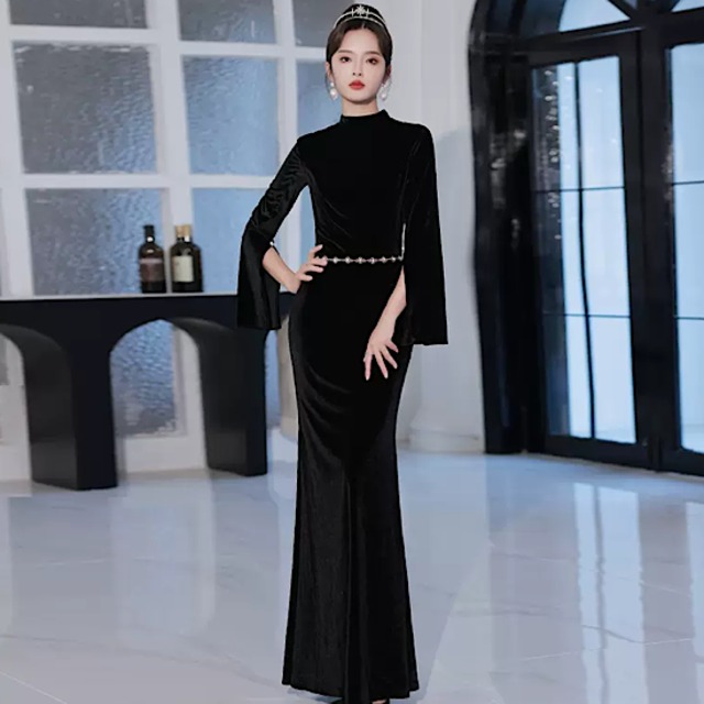 結婚式ドレス ハイネック 無地 シンプル 長袖 袖スリット ロング丈