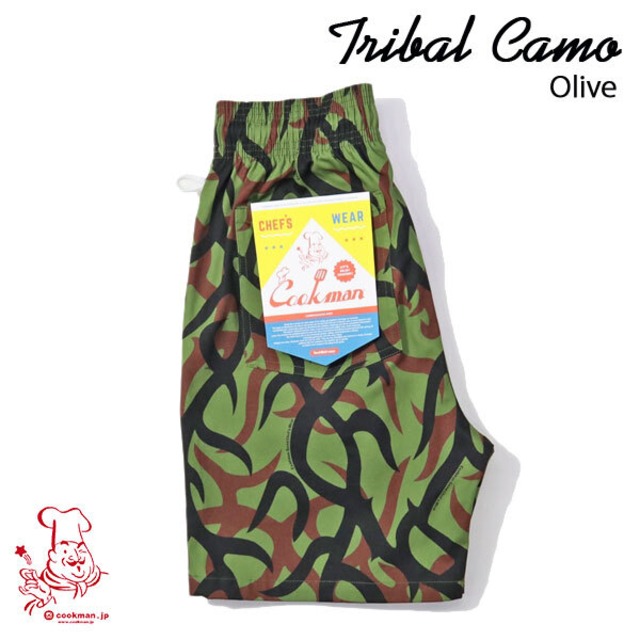 Chef Short pants Tribal Camo Olive シェフ ショートパンツ オリーブ UNISEX 男女兼用 Cookman クックマン イージーパンツ アメリカ