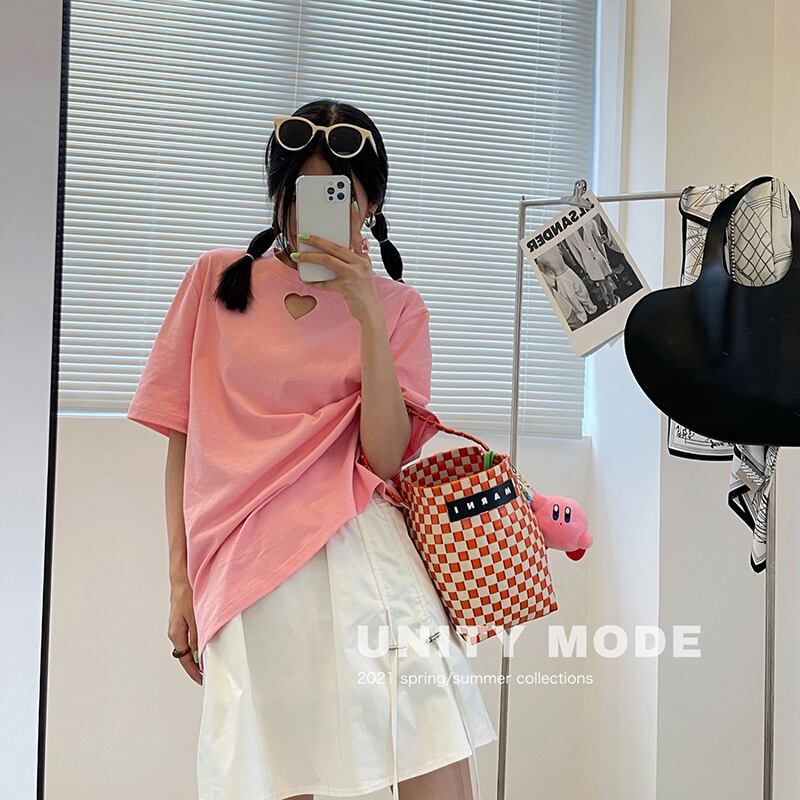 半袖スリーブTシャツ サマースタイルルーズ薄手ラウンドネックカラー ショート レッド ハーフスリーブ 刺繍 夏物 Oネック ピュア ビッグFスモールZ韓国14936974467