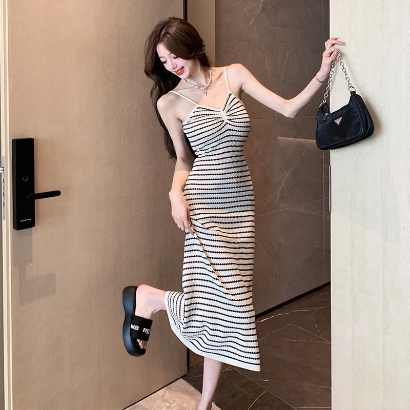 オシャレ ボーダー キャミソール ワンピース vi-081 dress】大人らしい ボーダー柄キャミソールワンピース着瘦せ