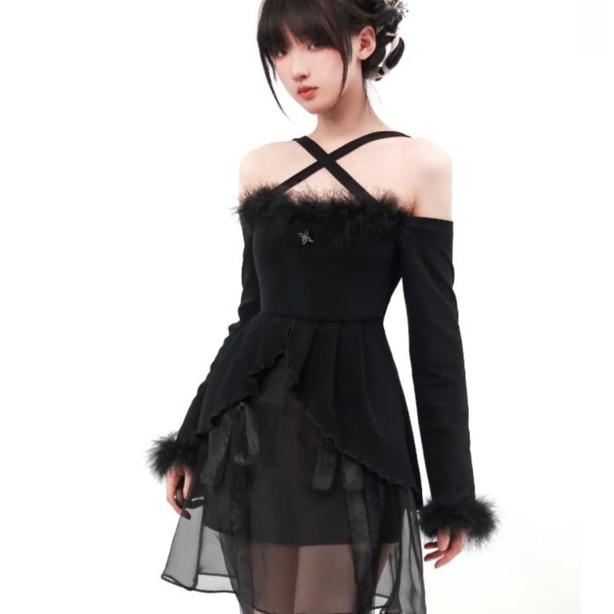 サブカル 服 地雷系 通販 pinksavior 闇かわいい サブカル服 B?????C??ss 高級ファーオフショル ワンピ 可愛い サブカル女子服