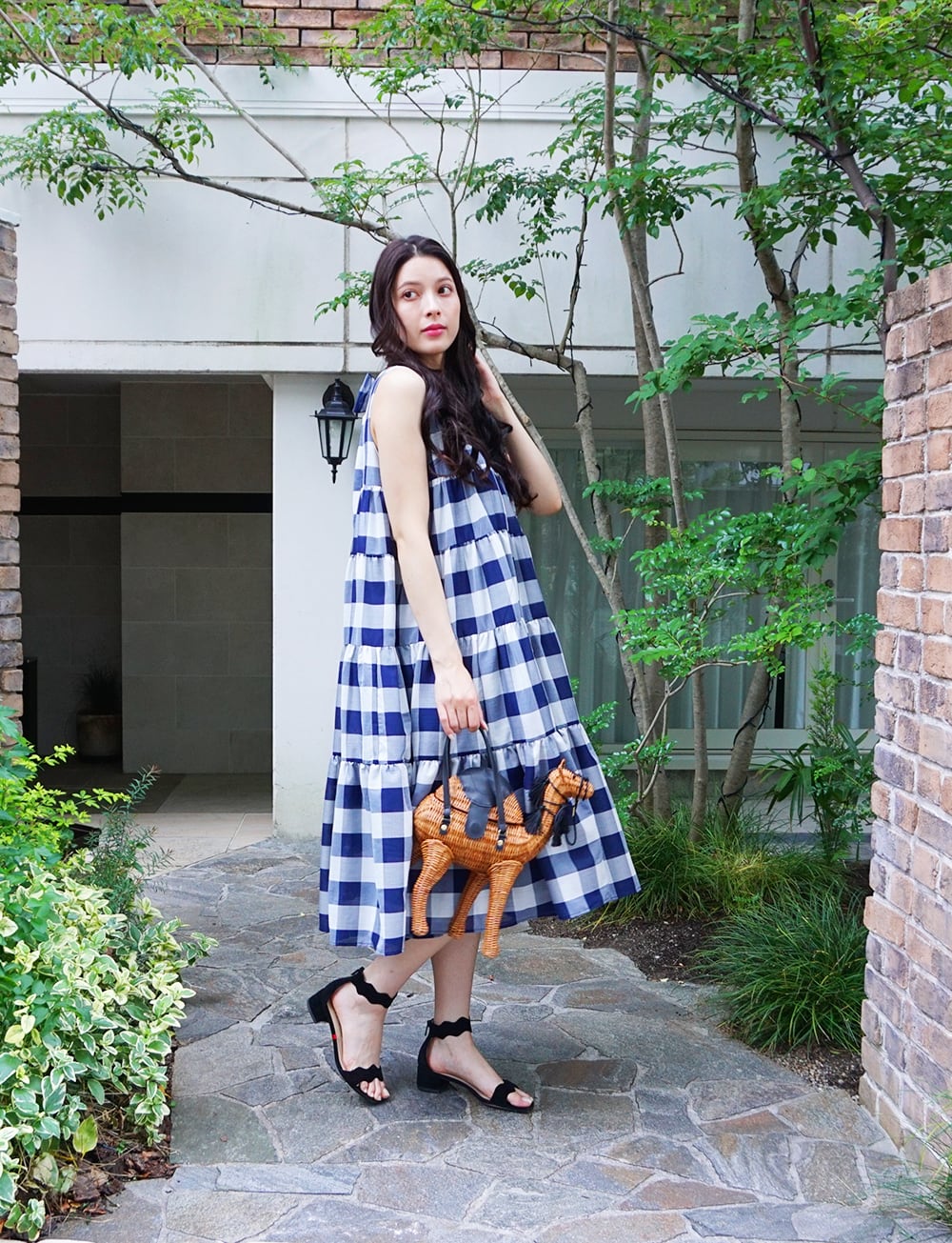 バックリボンティアードワンピース チェック navy | amin pur