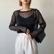 glitter sheer crewneck tops/black