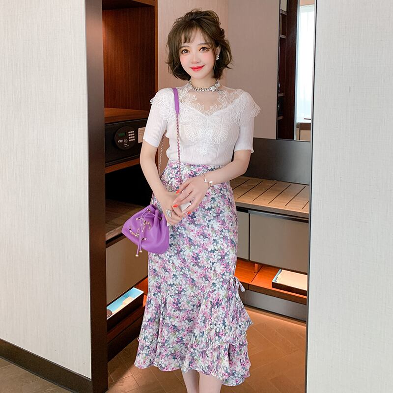 ハイウェストフローラルスカート スプリングサマー 春物 夏物 花柄 ステッチ MIUCO83690052562