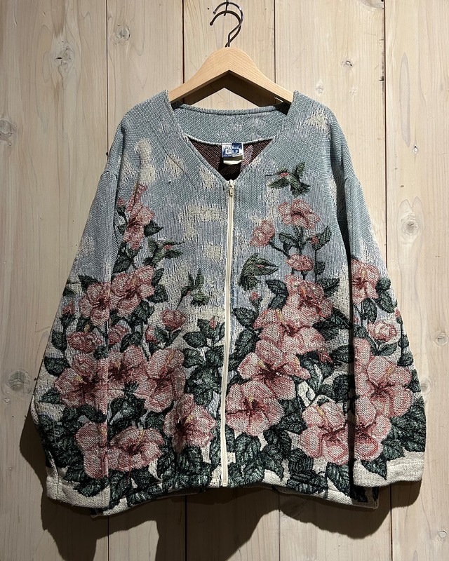 【a.k.a.C.a.k.a vintage】Beautiful Flower Design Vintage Loose Zip Up No Collar Gobelin Jacket