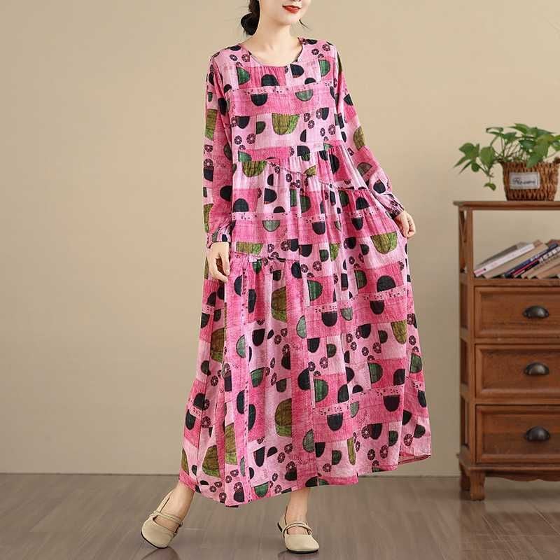 PINK PRINT BOAT NECK A-LINE LONG PULLOVER DRESS 1color M-16027