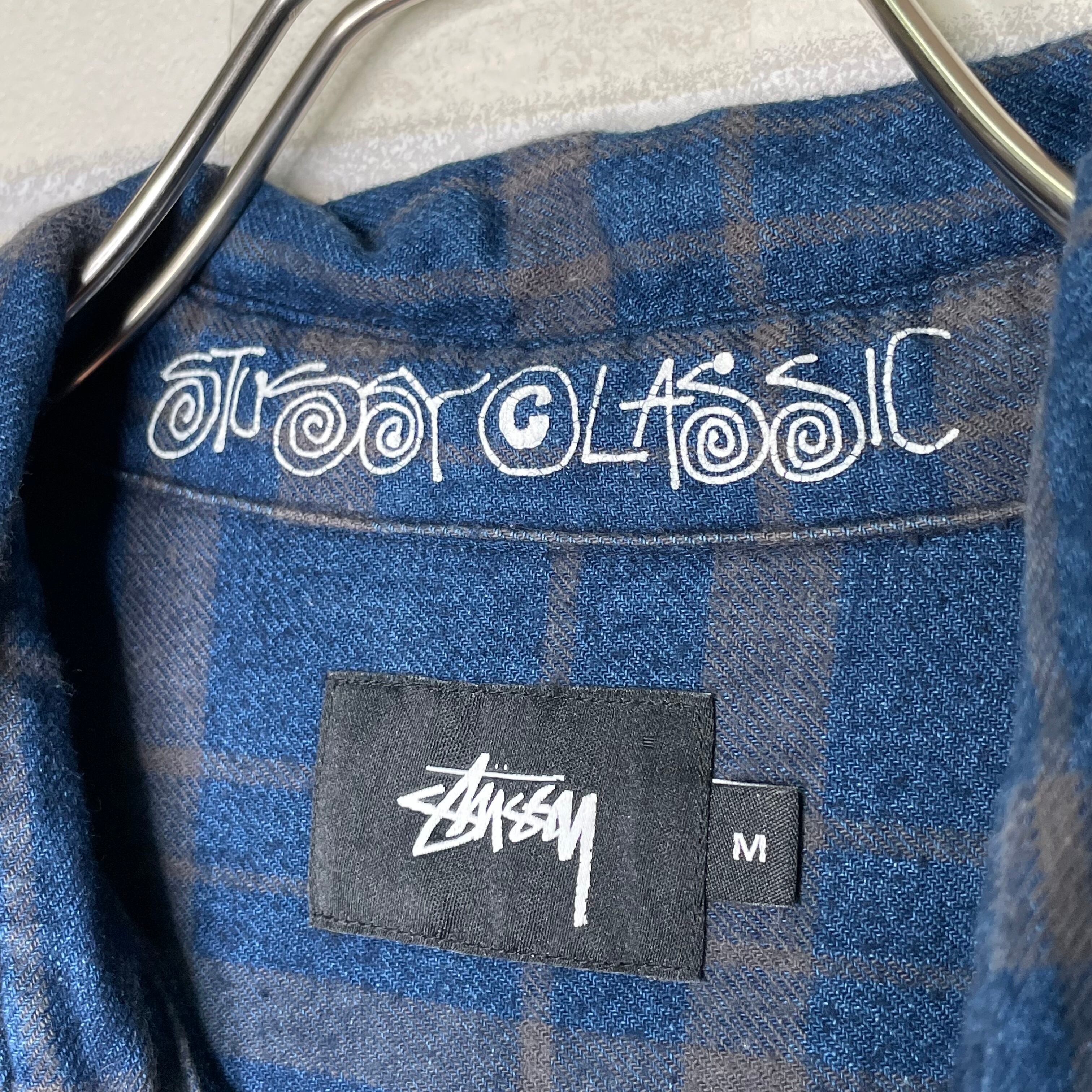 STUSSY 長袖シャツ M チェック柄 ネイビー ワンポイント刺繍 コットン