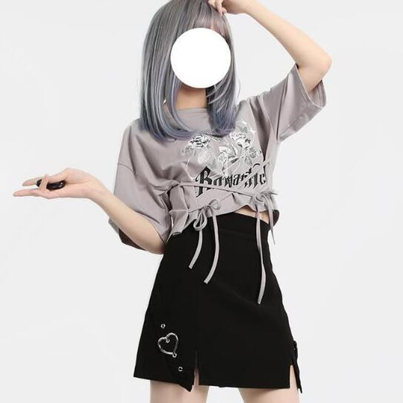 サブカル 服 地雷系 通販 Catwish ロリータ Tシャツ ショート丈 ストラップ リボン プリント柄 かわいい ロリィタ