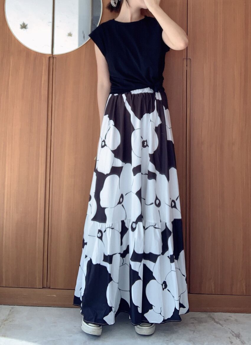 新作 Tシャツ スカート 2点 セットアップ 花柄 ロング丈 ハイウエスト Aライン 大人可愛い 上品