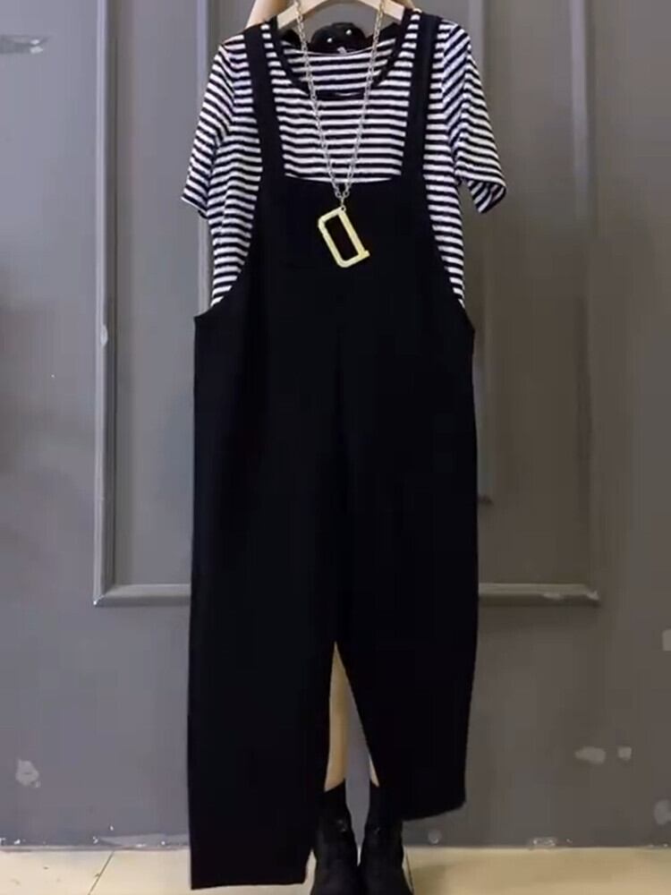 サマーラウンドネックストライプTシャツ オーバーオール 大きめサイズ 夏物 Oネック ミックスインファッション94070413039