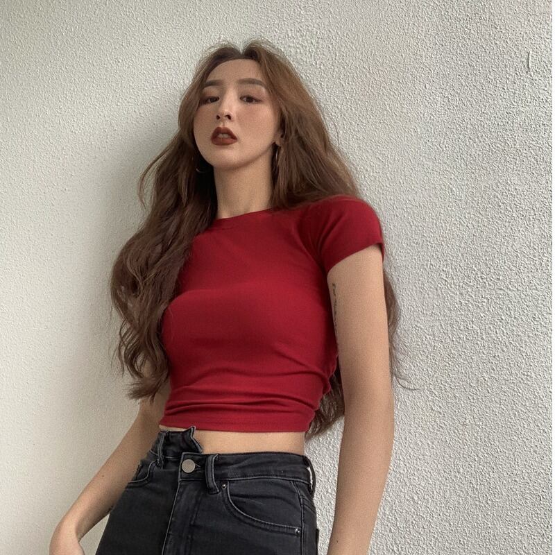 スタイルブラウス サマーハイウェストウェストソリッド カラーショートTシャツ 夏物 ソリッドカラー ヨーロピアン YY-ファッション23452825121