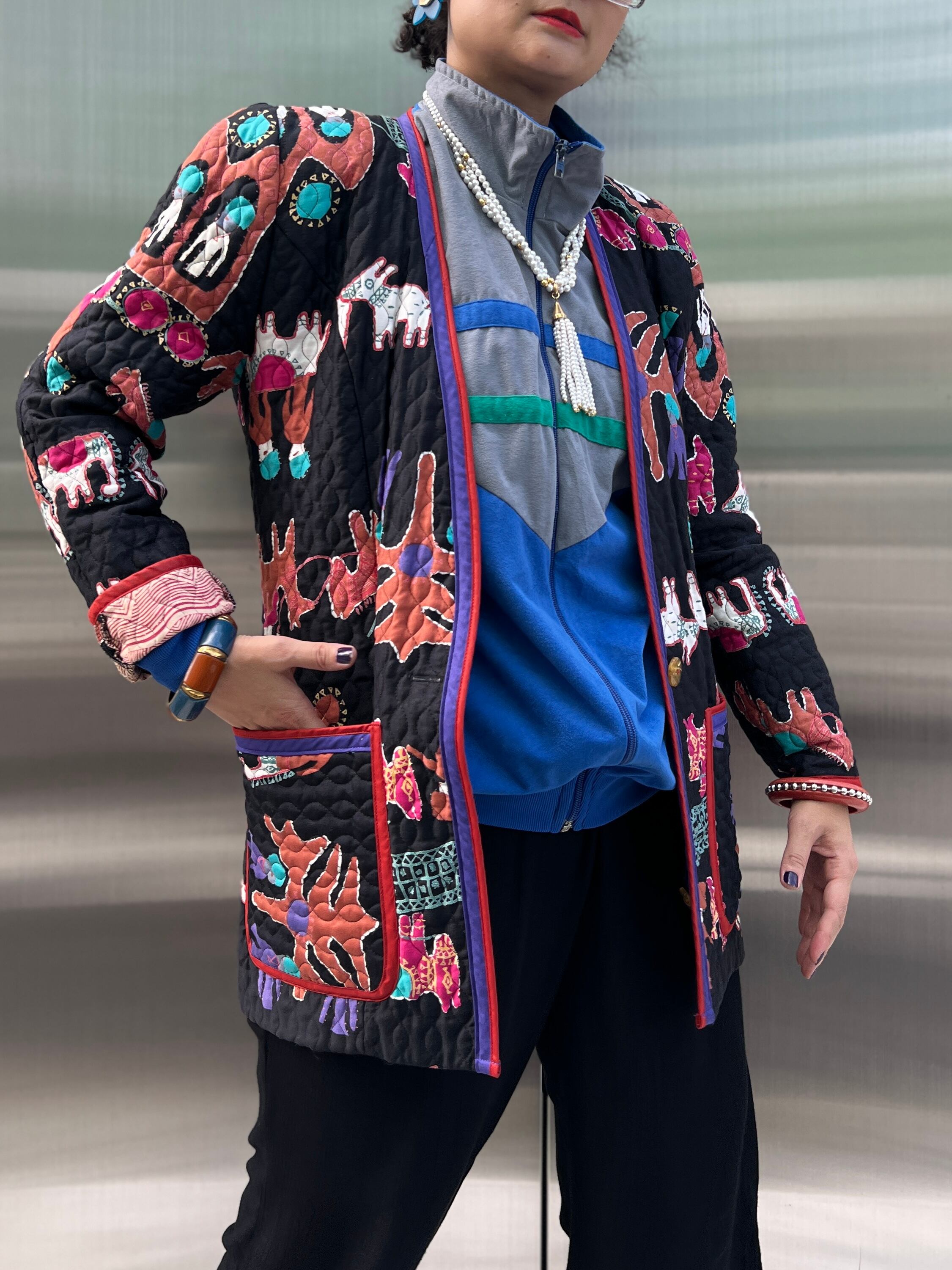 JM black × animal people cotton jacket ( ジェーン マーク ブラック × アニマル 人物柄 コットン ジャケット )