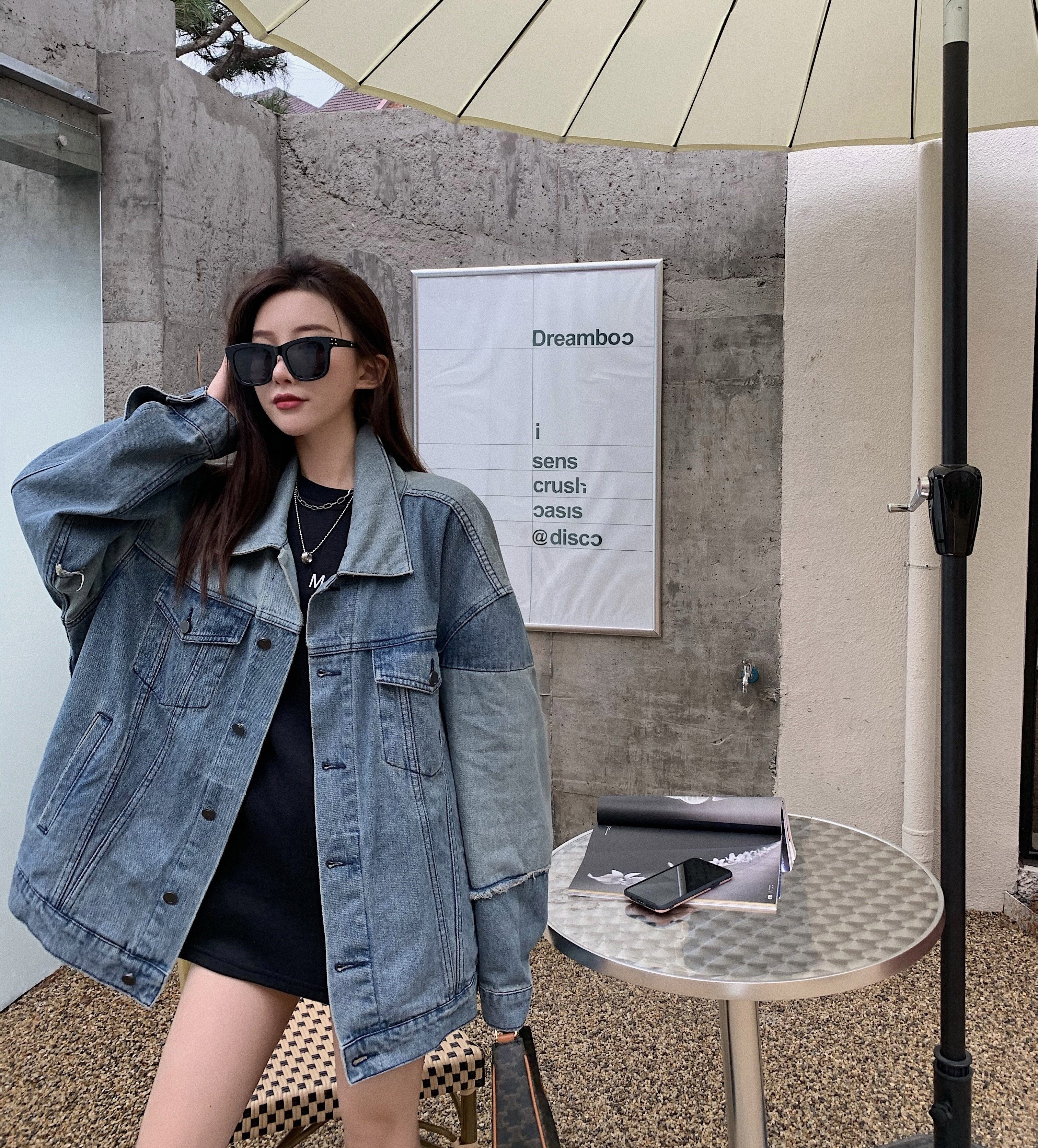 ジャケット ロングルーズカジュアルスプリング 春物 ブラックストロベリース24897302746