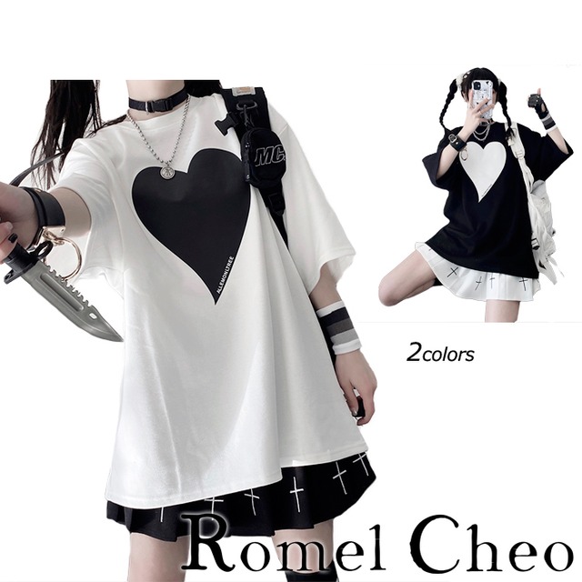 お支払い確認後日以内発送 Romelcheo ラブ ハート モノクロ Tシャツ 半袖 プリント イラスト 白黒 バイカラー モノトーン シンプル レディース 原宿系 病みかわいい 大人可愛い ストリート系 モード系 量産型 青文字系 ガーリー カジュアル ファッション ロメルチェオ