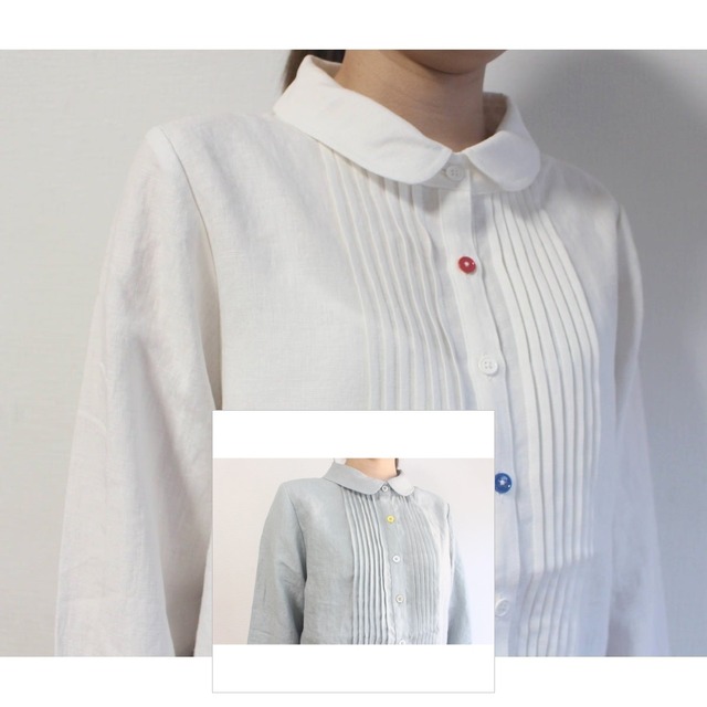 丸えりフレンチリネンのピンタックブラウス　Round Collar French Linen Pintuck Blouse