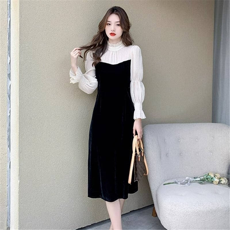 ドレス ミモレ丈ドレス ミモレ 袖あり 長袖 スタンドカラー Aライン ハイウエスト ミッドウエスト かわいい 大人可愛い きれいめ シンプル 大人 上品 おしゃれ お洒落 大人可愛い 大人女子 ラブリー キュート ガーリー 個性的 クール セクシー エレガント 華やか 上品 お姫様 お嬢様 清楚 無地 10代 20代 30代 レディース デート 女子会 パーティー イベント レストラン 韓国 韓国系 オルチャン ファッション コーデ スタイル 美脚 脚長 春 秋 お呼ばれ