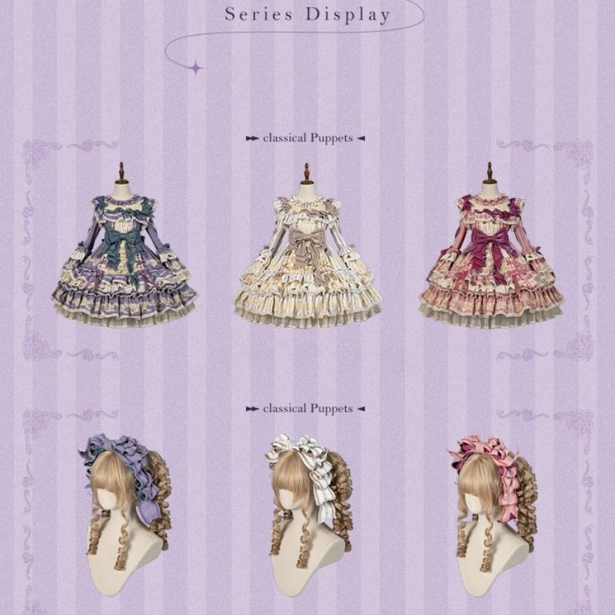 薔薇模様ストライプ×重厚フリル クラシカルロリィタ フルセットドレス