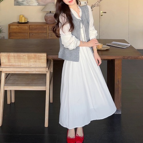 【2点セット】Vネックフリルフレアワンピ＋ニットベスト ・72676