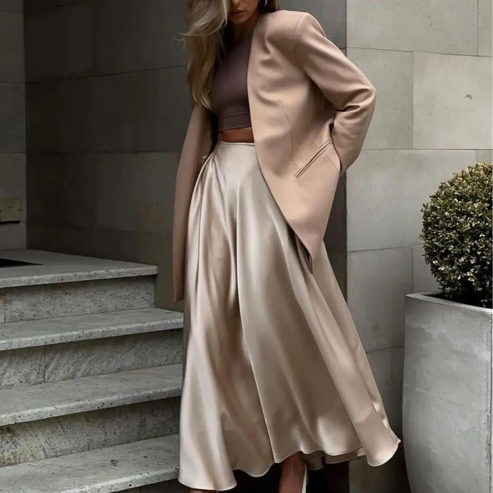 サンハート-女性のための高品質のハーフレングスロングスカート,夏,エレガント,ハイウエスト,サテンカラー,2023