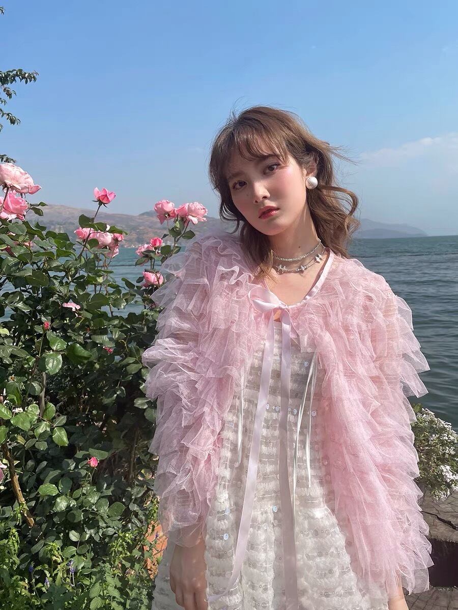 カーディガン】リボン カーディガン シャツ ピンク カーディガン 水色