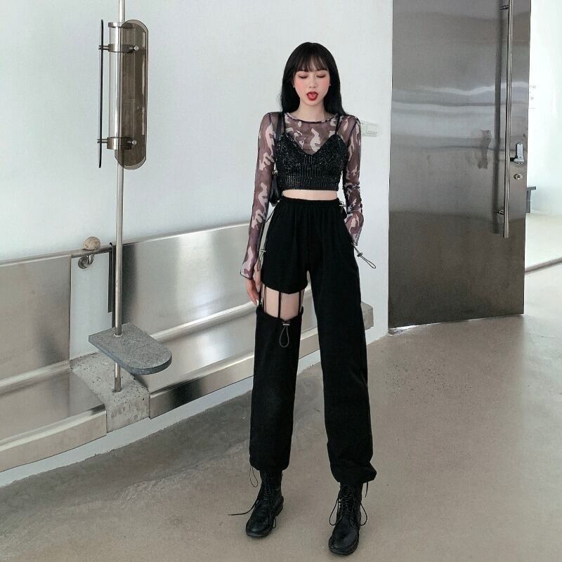 黒の破れたツーリングハーレムパンツ女性の秋ルーズで薄いカジュアルパンツストレートハイウエスト薄いパンツ ブラックストロベリース83364895567