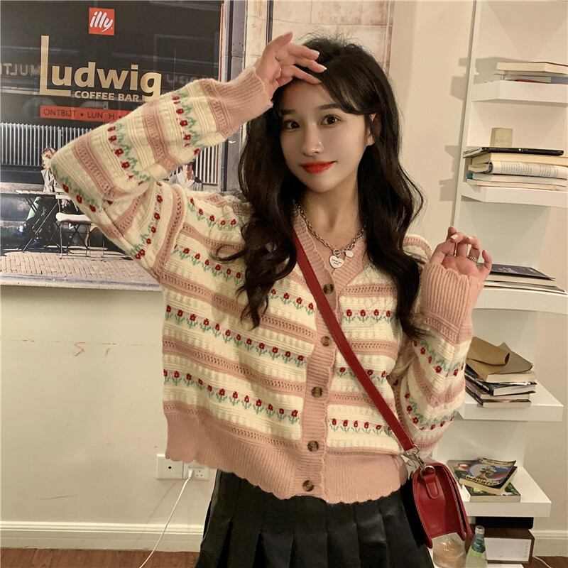 ニットセーター トップス オータムウィンターVネックジャカードストライプショートカーディガンジャケット ロング 秋物 冬物 1号婦人26567910121