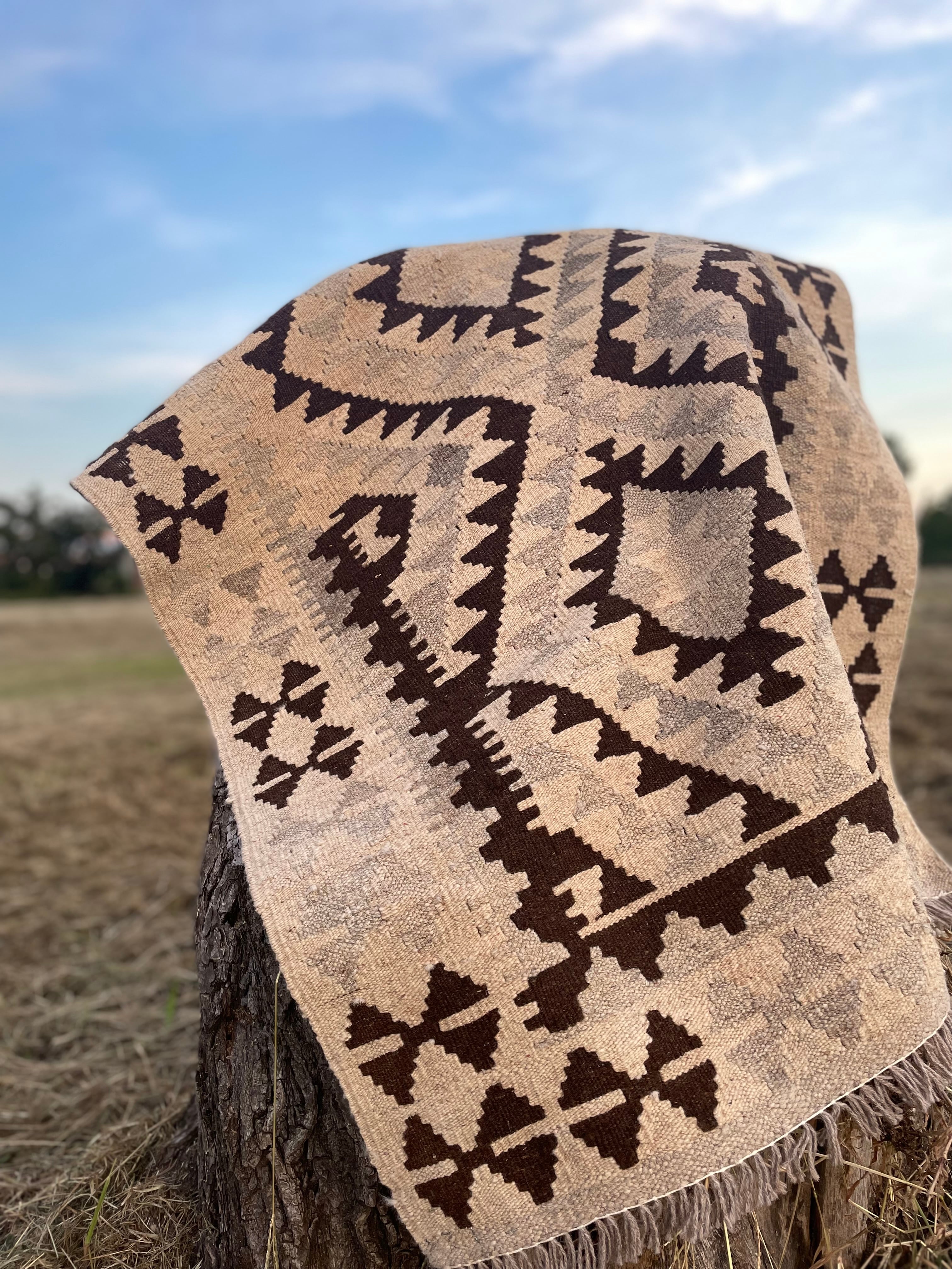 Handmade Afghan Kilim Rug Grey Chocolate Brown/ハンドメイド