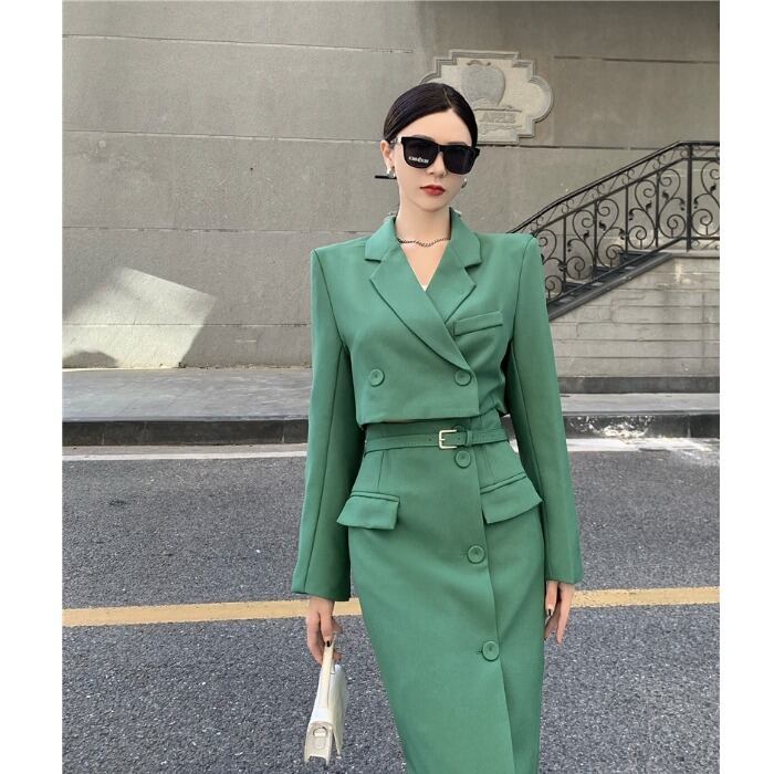 グリーンジャケット ショートオータムスタンダードスリムトップス ロング レトロ 秋物 ガールズファッション62129001936