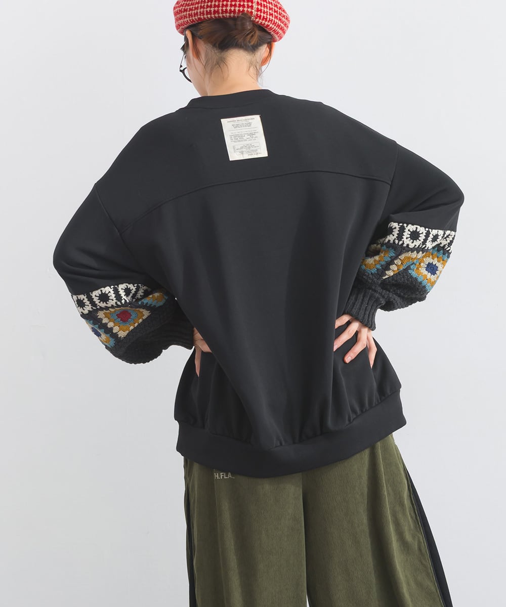 K53117 CT裏毛クロシェモチーフ袖切替スエットプルオーバー / K53117