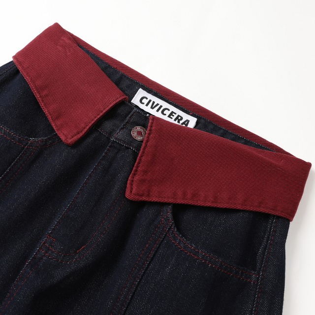 contrast waist band collar stitch denim pants L0625