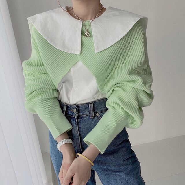 ニット 変形 レディース 長袖 ボリュームスリーブ ショート丈 デザイン おしゃれ カラバリ豊富 グリーン/アプリコット/ベージュ/ピンク/ブラック