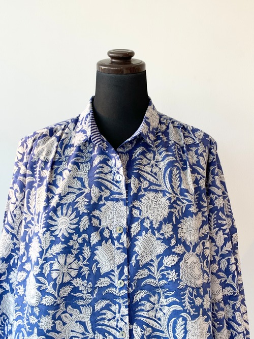 XLラスト1枚　早い者勝ち　シャツ　ブルー　春夏ファッション　涼しい　ブロックプリント　インド綿