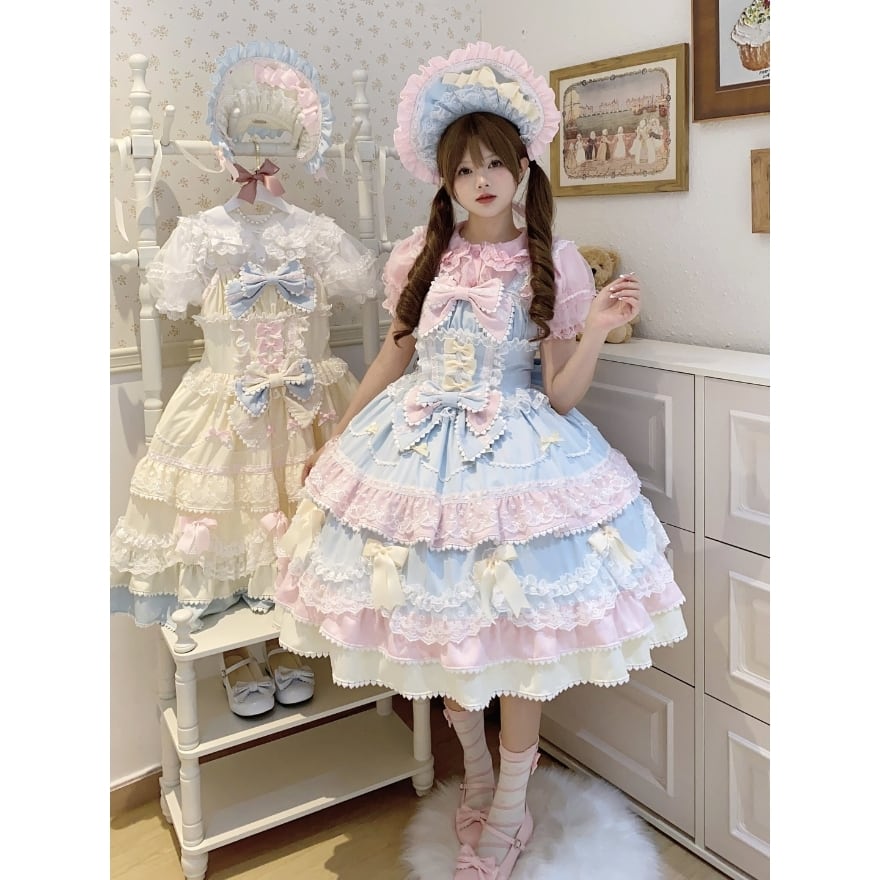 ロリータファッション 【はじめてでも安心】多段フリル×リボン装飾 甘