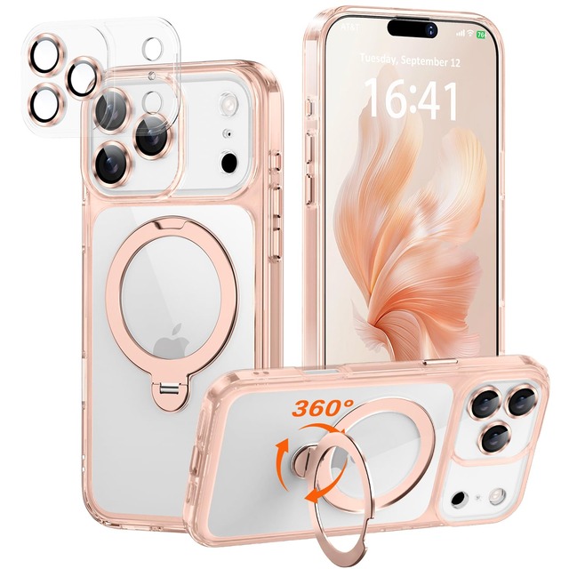 iPhone18 Pro 用 ケース【極限の透明感と保護力】4in1 カメラ保護一体/MagSafe対応/360度回転スタンド/ストラップホール穴付き