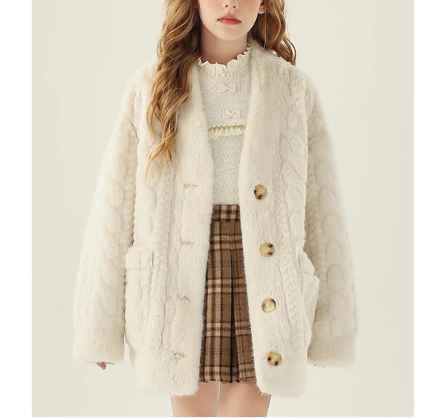 kids】ケーブル網ニット風エコミンクファーコート☆ | Fanfan Closet