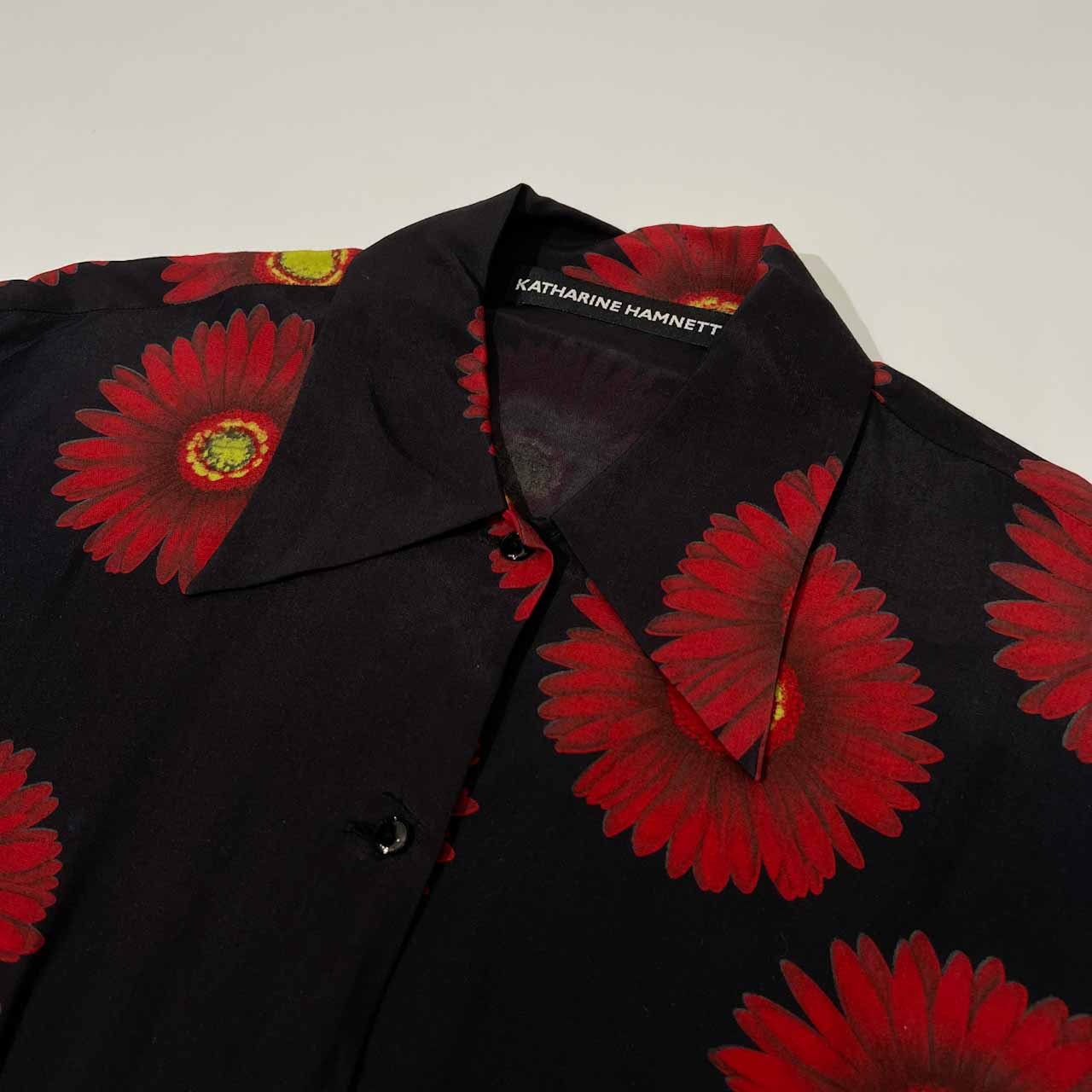 80s 90s KATHARINE HAMNETT キャサリンハムネット 花柄 半袖 レーヨン シャツ M /黒タグ/ブラック×レッド/ジーシーオー代理