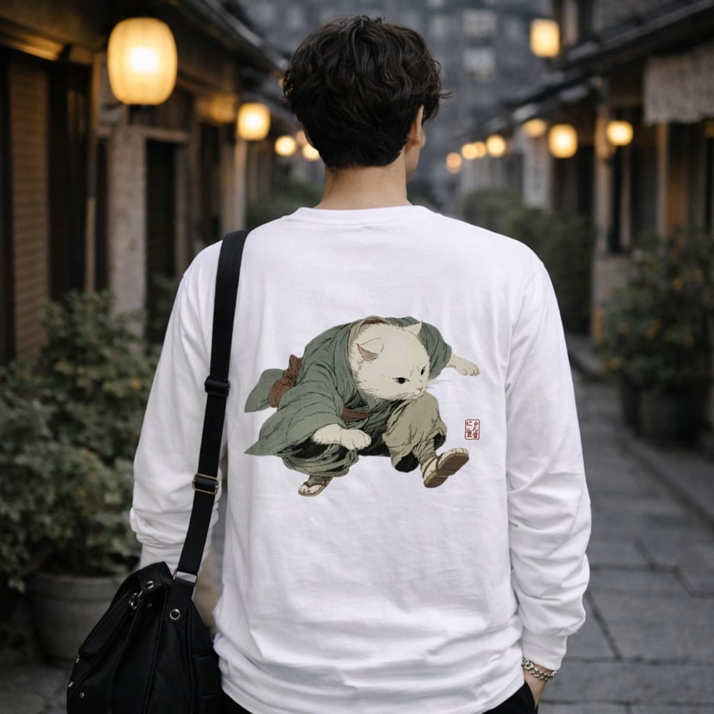 「跳躍の白猫・江戸猫」  ロングTシャツ リブなし/ "Leaping White Cat/Edo Cat" Long Sleeve T-Shirt, No Rib