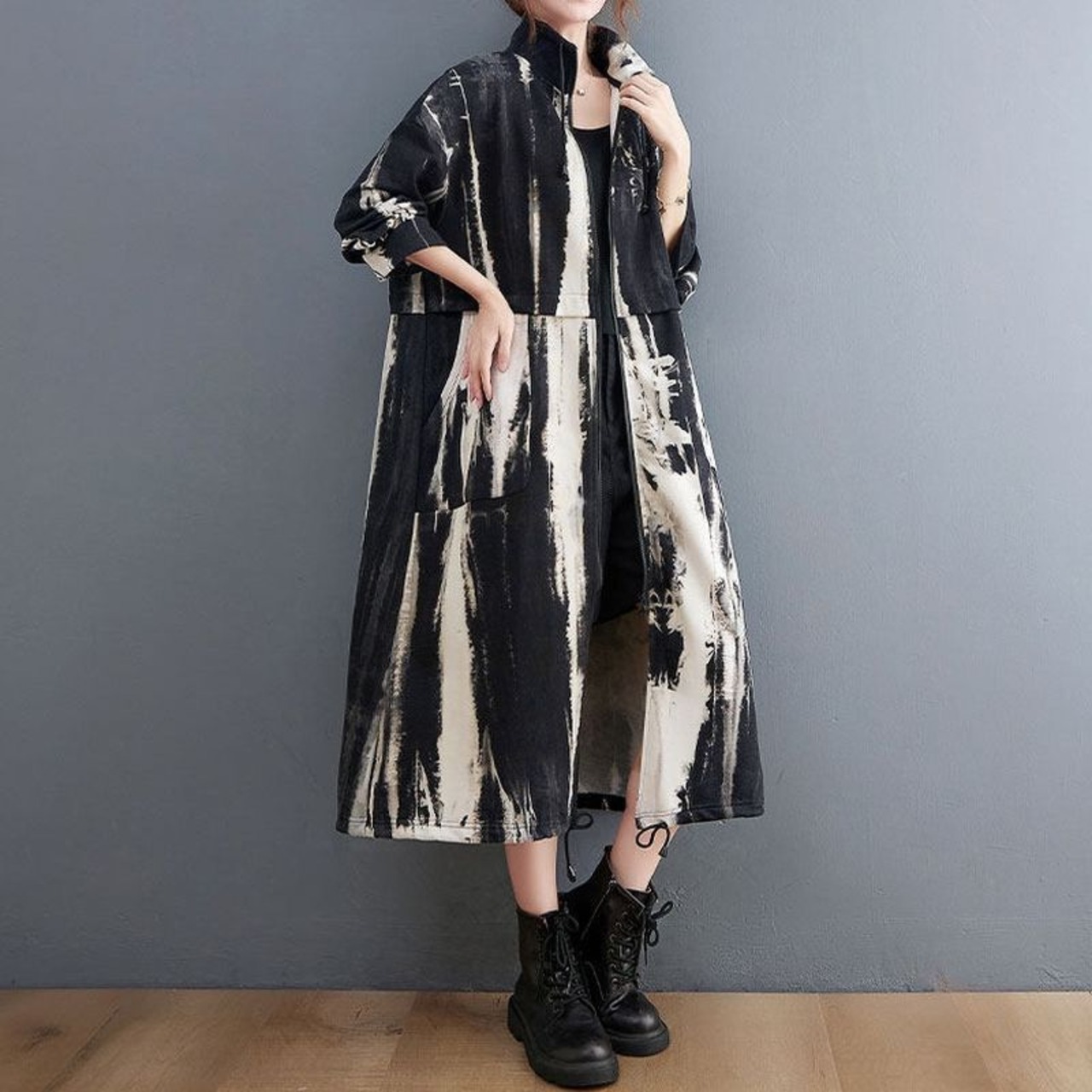 アート柄 切替 ロングアウター 60077
